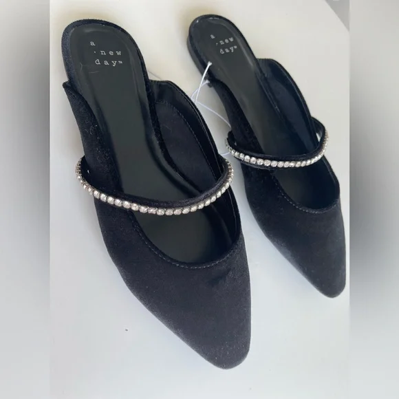 New A New Day Black Velvet Rhinestone Holiday NYE Party Dress Shoes Flats 7 - Picture 4 of 5